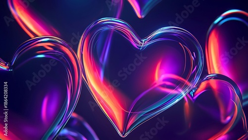 Glowing neon hearts with an iridescent, radiant sheen, expressing love and affection