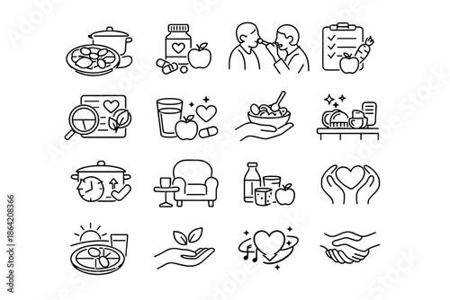 Daily icon vector kitchen eldercare support meal nourishment care dietary nutrition set