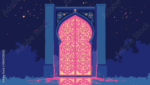A modern Islamic geometric pattern gate. Backlit with neon pink. Gold accents. Indigo wall. Vector illustration