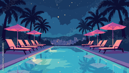 A luxury geometric pool at night. Gold underwater lights. Pink lounge chairs. Indigo water. Black palm silhouettes. Flat design