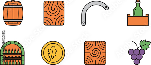 Wine and Winery Icons Set with Wooden Barrels, Grape Cluster, Bottle Crate, Oak Leaf Coin, Cellar Shelf, and Rustic Wood Elements Vector