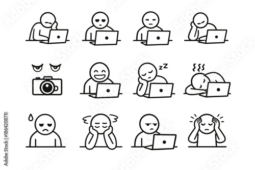 Reduced muted fatigue stare icon smile online forced social presence mood vector