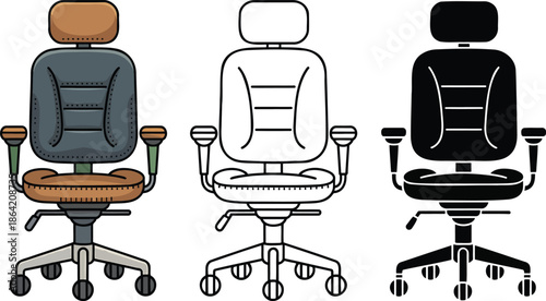 Office armchair silhouette & Outline and illustration set isolated on transparent background