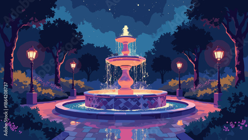 A mosaic tile fountain at night. Gold water jets. Pink and indigo tiles. Black garden background. Vector illustration
