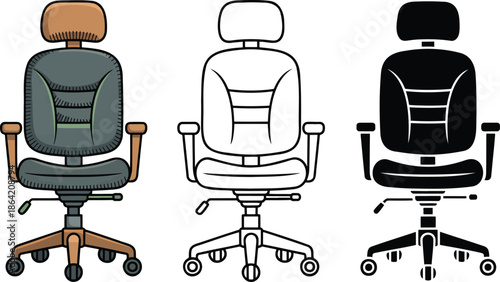 Office armchair silhouette & Outline and illustration set isolated on transparent background