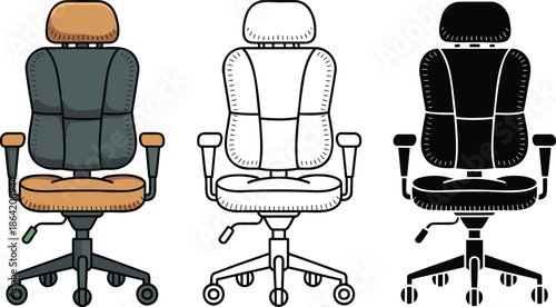 Office armchair silhouette & Outline and illustration set isolated on transparent background
