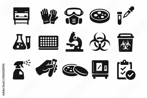 Laboratory equipment icons: safety gear, microscopes, chemical containers, biohazard symbols