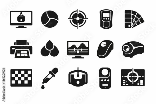 Icon set with computer, sensor, and color tools for design and technology
