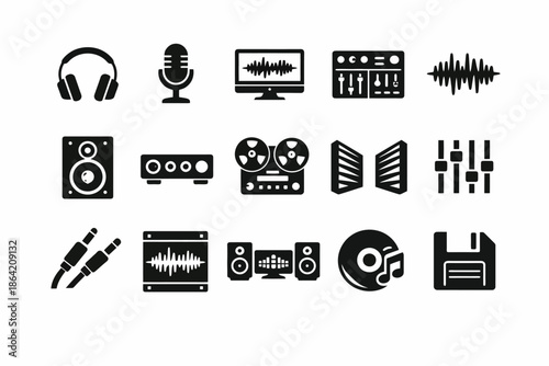 Audio equipment icons collection featuring headphones microphone and sound wave elements