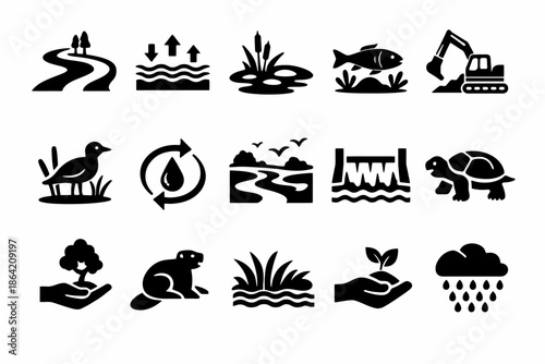 Nature conservation icons: wildlife, flora, and water cycle symbols in black silhouettes