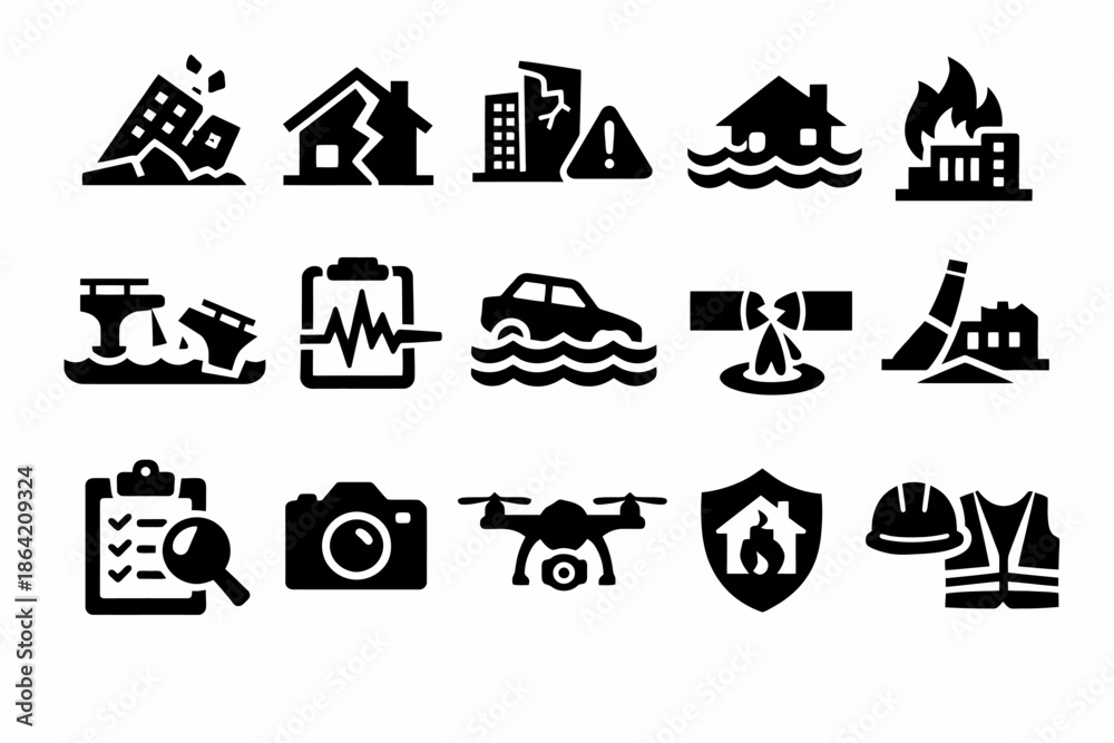 Naklejka premium Disaster icons set: earthquake, flood, fire, safety, alert symbols