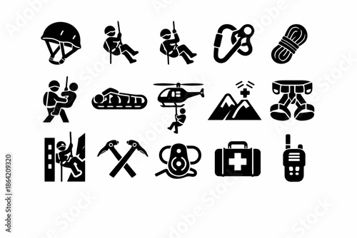 Rescue equipment icons: parachute, helicopter, mountain, safety gear, first aid