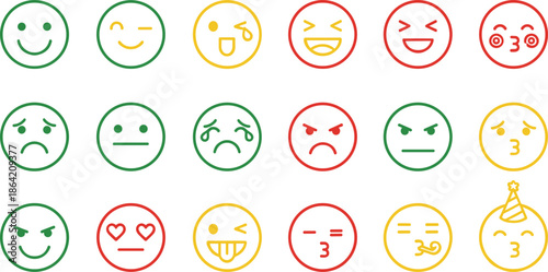 Colorful outline emoji set featuring various facial expressions like happy sad angry and love for social media chat and feedback.