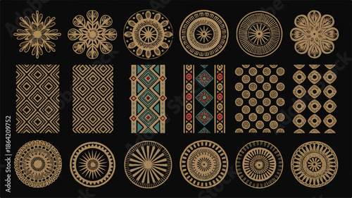 Collection of various ornate circular and rectangular decorative design elements