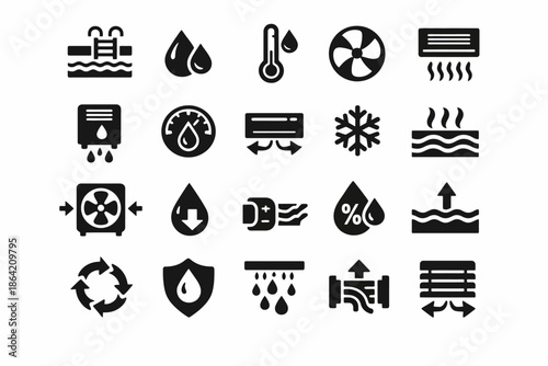 Temperature and climate control icons: thermometer, fan, water, airflow, recycling, energy