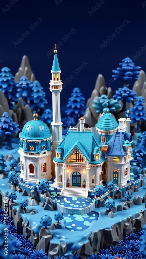Obraz premium rendering miniature model castle middle snowy landscape castle multiple buildings blue roofs white walls tall white tower blue dome top tower has golden dome side blue roof right side buildings