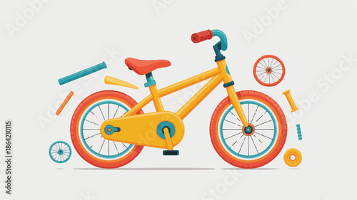 Colorful bicycle parts disassembled kid bike