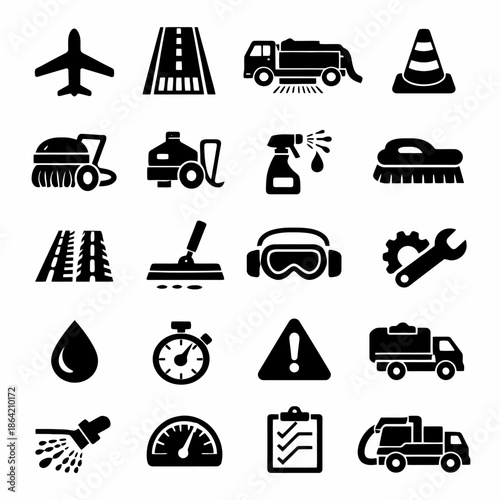 Set of cleaning and maintenance icons including vehicles and tools