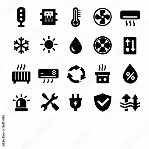 Collection of climate control and air conditioning icons in black and white
