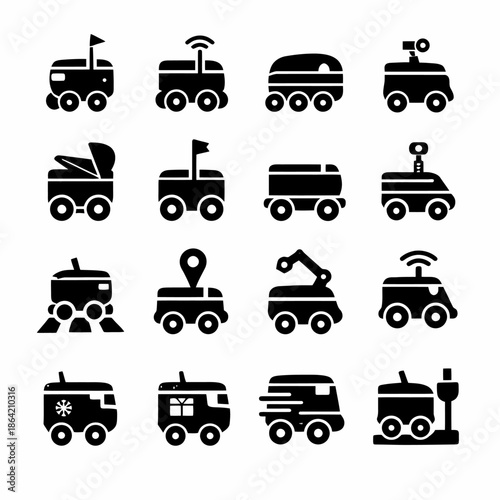 Collection of futuristic autonomous vehicle icons in black minimalist style