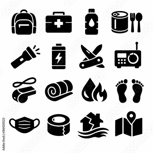 Emergency preparedness icons: kit essentials, tools, and survival items