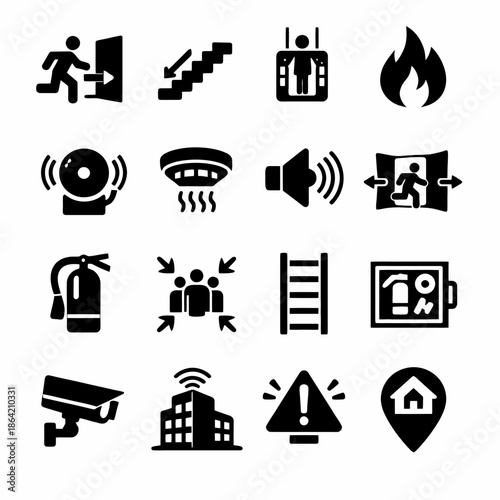 Emergency icon set: safety signs, evacuation symbols, and alarm graphics