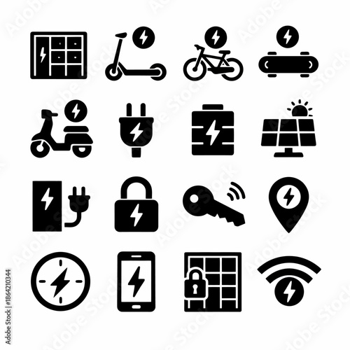 Electric symbols: scooter, bike, battery, solar, wireless icons for renewable energy and technology