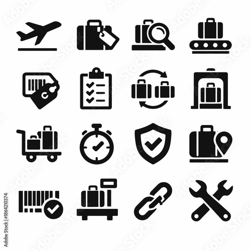 Travel and luggage icons set: airplane, suitcase, security, and baggage tags