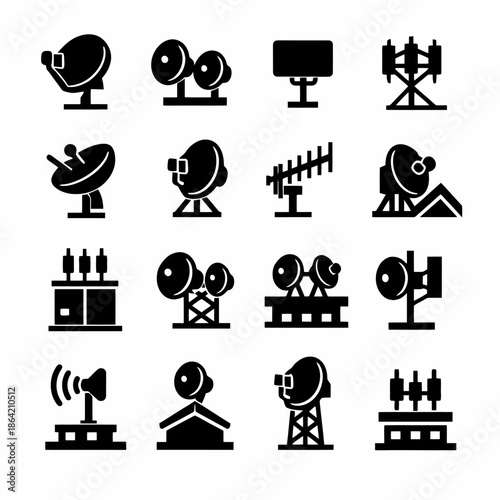 Set of various black communication and satellite icons on white background