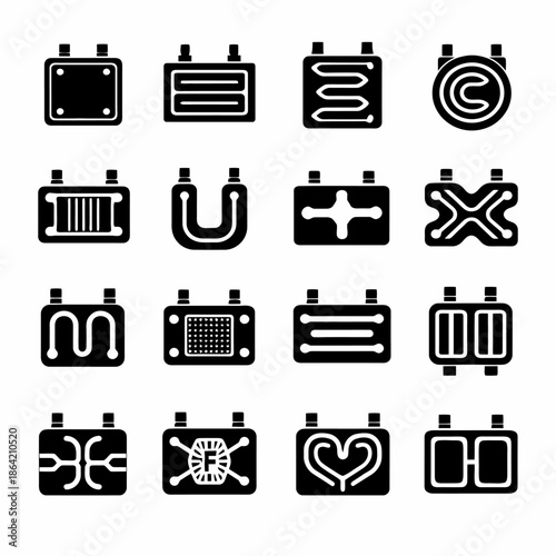 Set of sixteen unique heat exchanger icons in black and white design