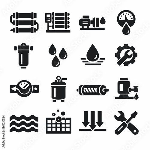 Collection of water filtration and plumbing icons in black and white
