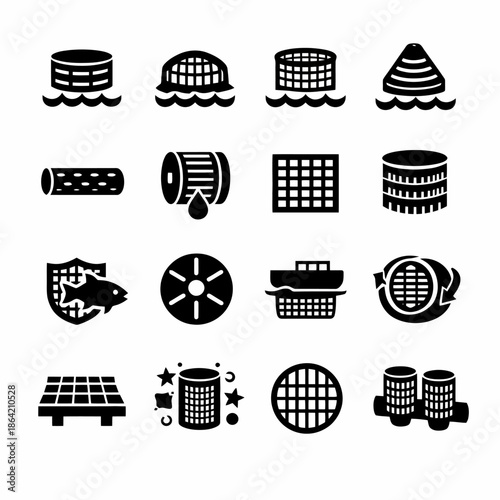Icon set illustrating aquaculture and fish farming themes in black silhouettes