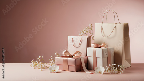 AI-generated elegant gift boxes and shopping bags with pastel ribbons and flowers on soft neutral background, luxury celebration and retail packaging concept