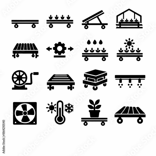 Gardening icons: planting, watering, greenhouse, temperature control, irrigation