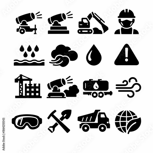 Construction and weather safety icons collection: equipment, warning, environment