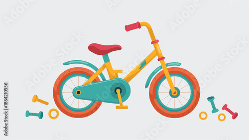 Colorful childrens bicycle with training wheels and tools