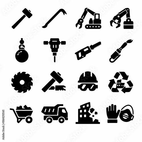 Construction and demolition icons: tools, machinery, safety equipment for building projects