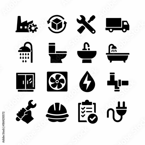 Industrial and household icons: tools, plumbing, logistics, and energy symbols