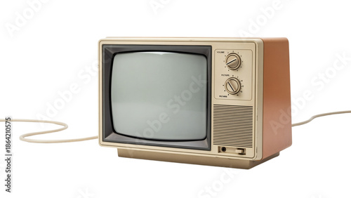 A vintage television set, showcasing a classic design with dials, a speaker, and a power cord against a black backdrop
