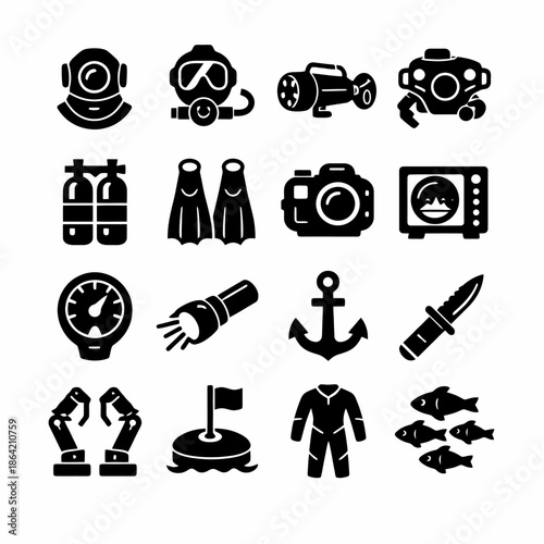 Diving equipment icons set: masks, tanks, flippers, cameras, gear