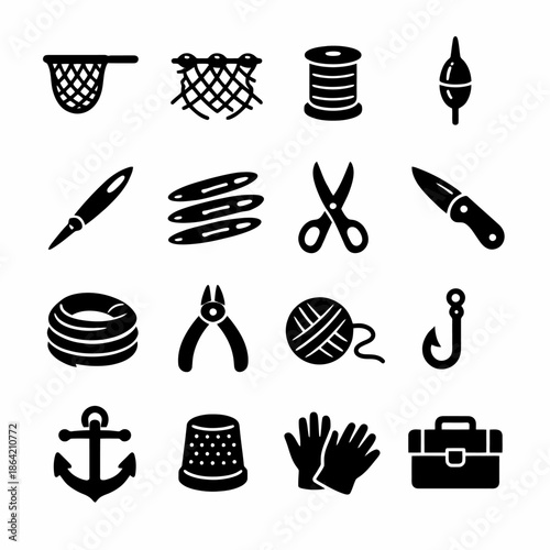 Silhouette of fishing and sewing tools collection in a grid layout