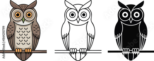 Owl perched on a branch silhouette & Outline and illustration set isolated on transparent background