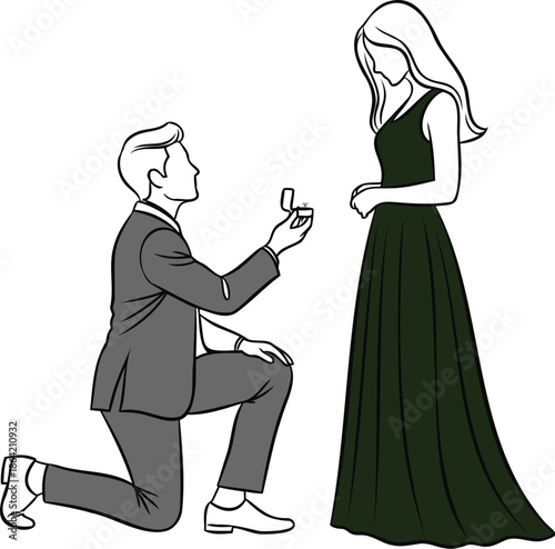 Illustration of man proposing to woman with ring in formal attire