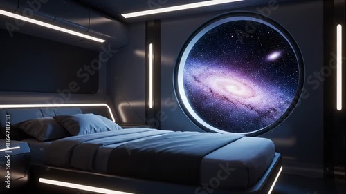 Futuristic bedroom interior with window to galaxy view