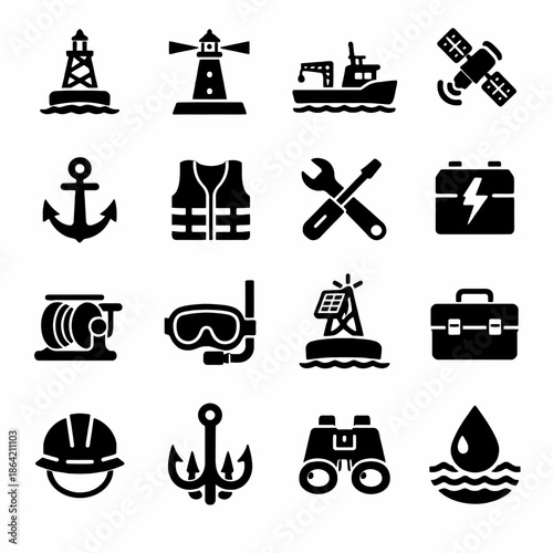 Nautical and marine icon set: tools, equipment, and symbols
