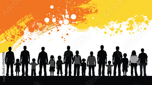 Family silhouettes standing together with children against colorful abstract paint background, unity, diversity, community, love, togetherness concept vector illustration