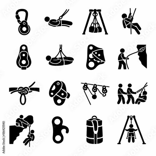 Rock climbing equipment and techniques icons set