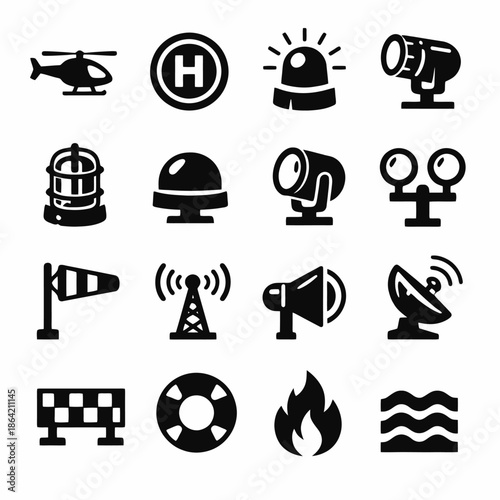 Emergency and navigation icons: helicopter, siren, spotlight, antenna, satellite