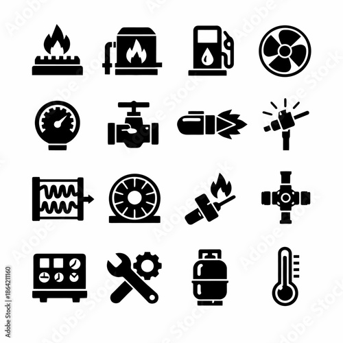 Set of 16 black hvac and energy icons featuring flames, gauges, and tools