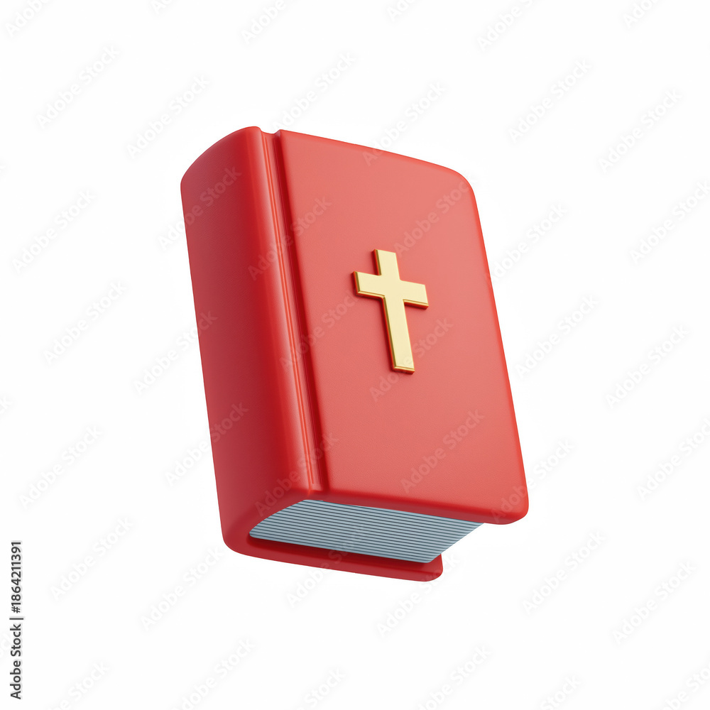 Obraz premium 3D cute cartoon holy bible book with gold cross on red cover, isolated on transparent background.